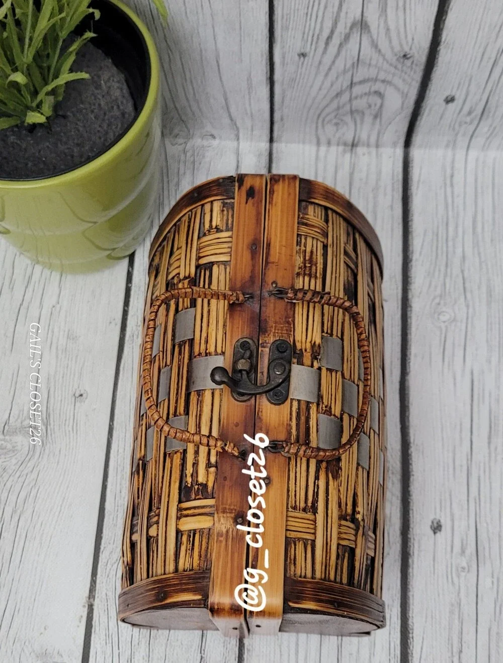 Woven Bamboo Box Purse with Handle - Natural & Silver Metal Accents